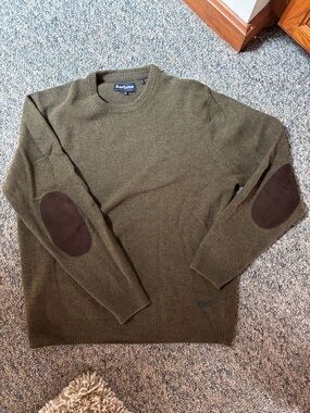 Barbour Olive Green Crewneck Sweater with Brown Elbow Patches